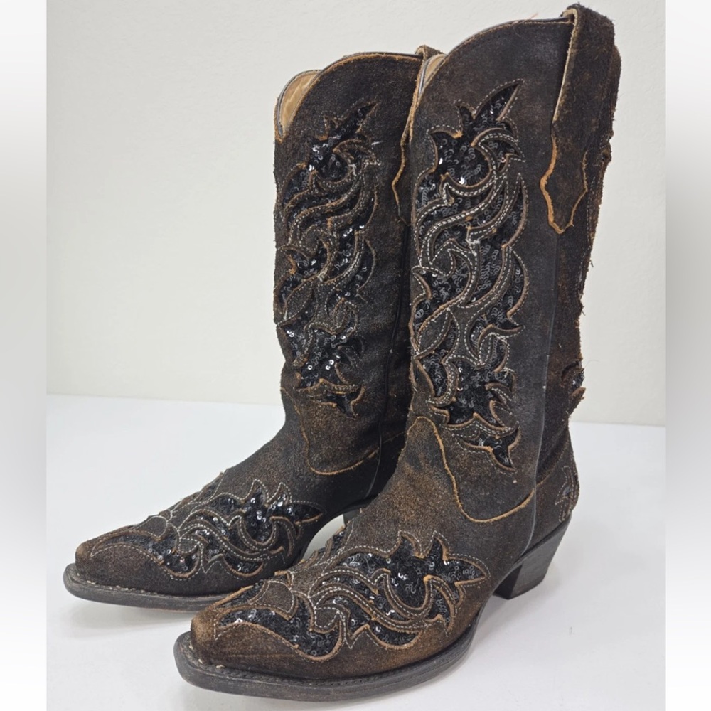Corral Boots Brown Black Sequin Inlay Boots Style R1152 Size 8M Womens